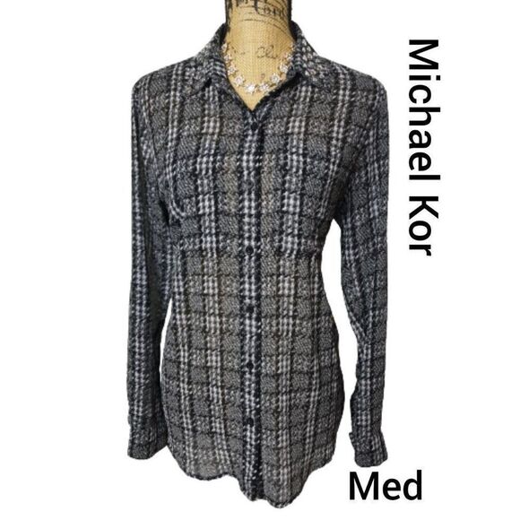 Michael Michael Kor Semi Sheer Blouse Roll Tab Sleeves Studded Med NWOT - Picture 1 of 7